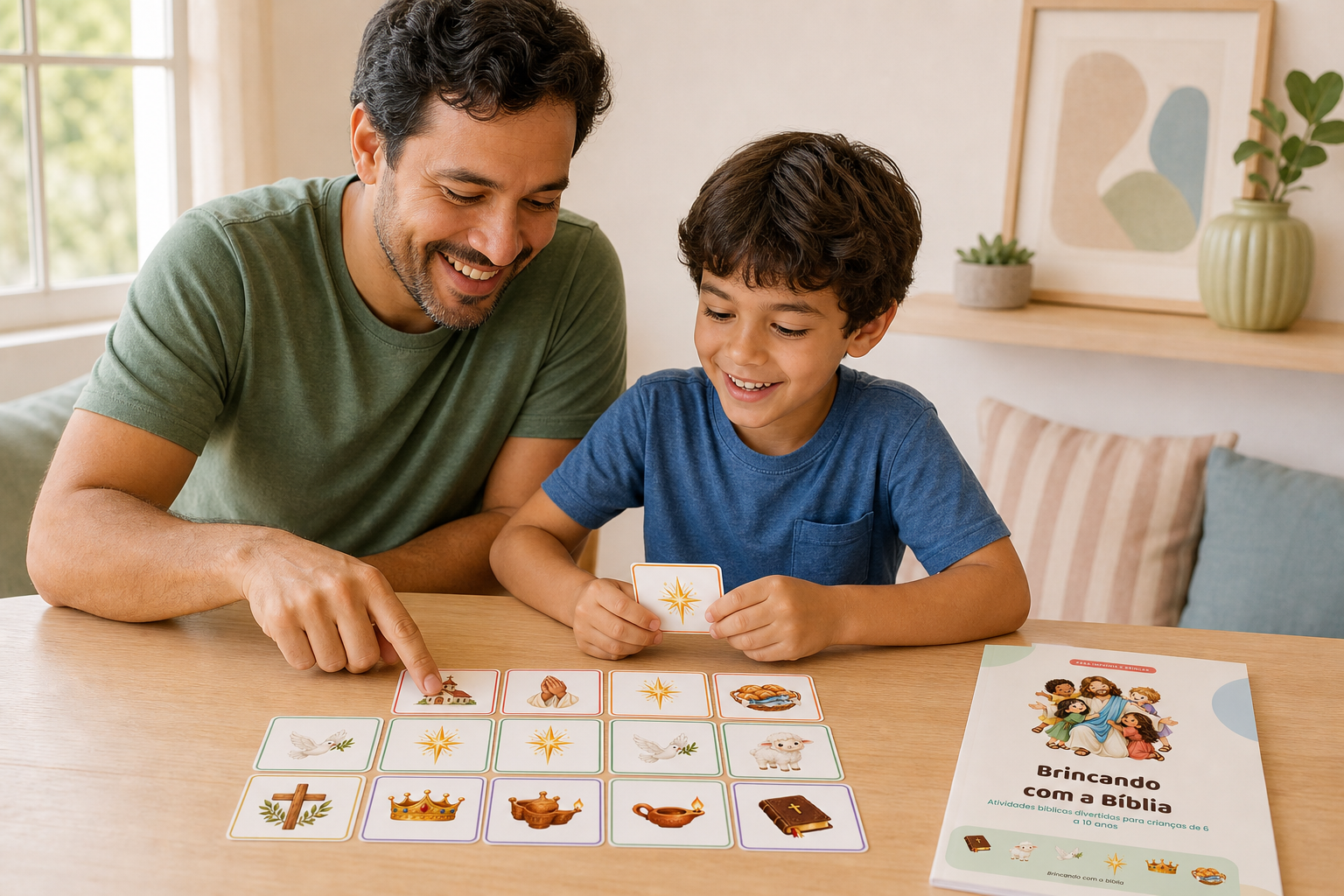 Pai e filho brincando juntos com o jogo da memória bíblico