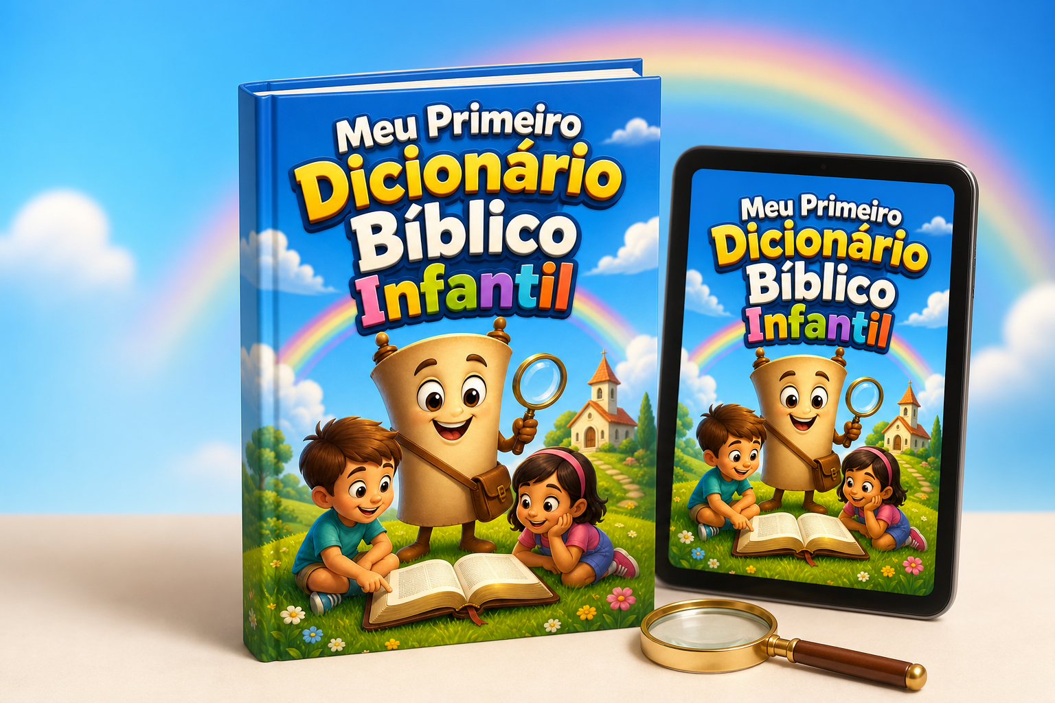 Capa do Meu Primeiro Dicionário Bíblico Infantil, em livro impresso e tablet