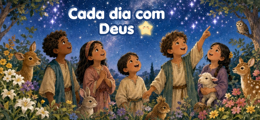 Crianças reunidas sob um céu estrelado, contemplando a criação de Deus